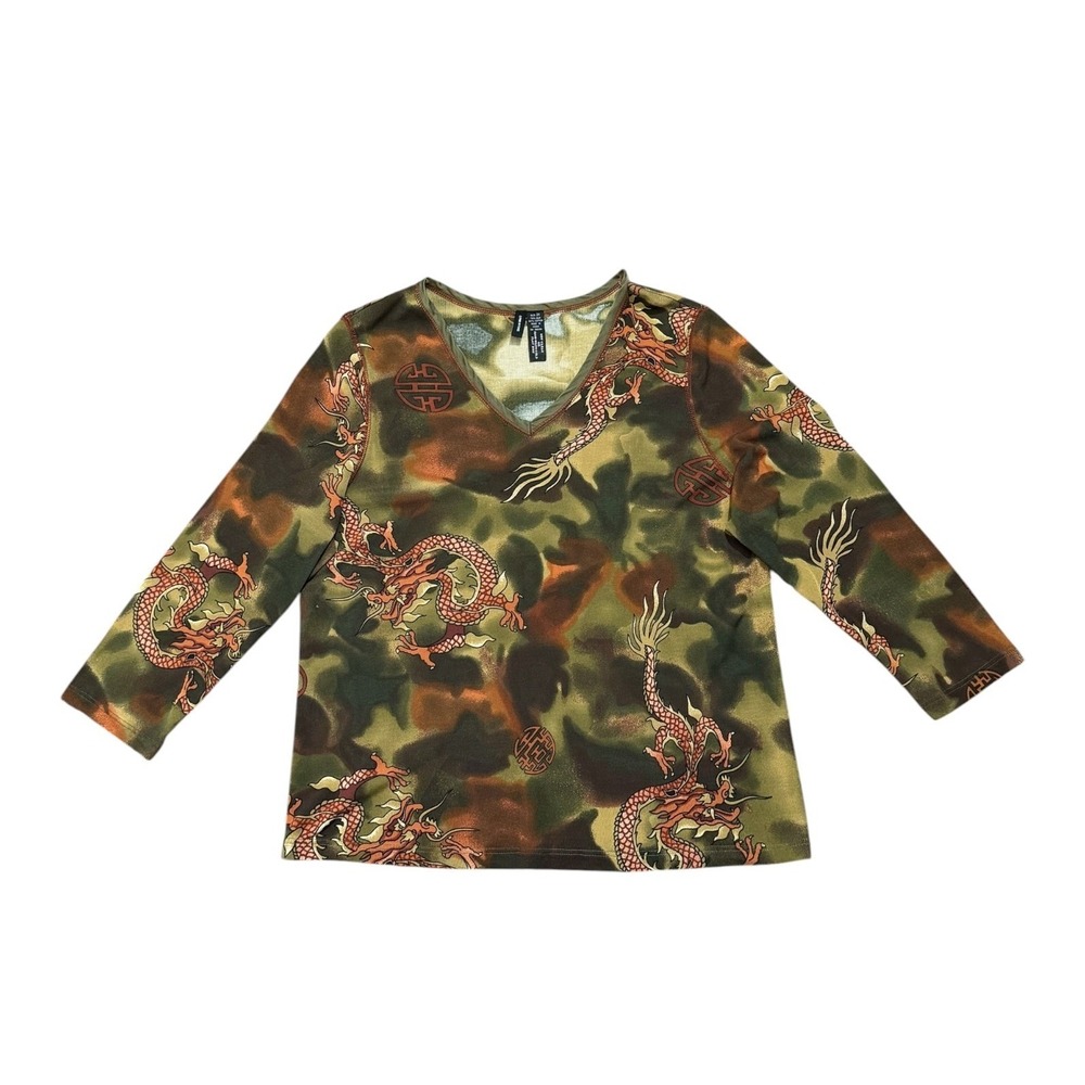 Lynn Ritchie Vintage Y2K Silk Blend Camo Dragon Print V-Neck Top Plus Size 2X